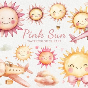Clipart acquerello per bambini con sole rosa - 24 PNG Decorazione per la stanza dei bambini delle fate, Baby Shower, Arte per feste per bambini, Grafica per inviti, Download digitale