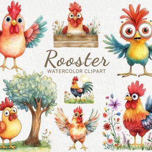 Rooster Watercolor Clipart - 24 PNG Cute Farm Birds clip art, printable, scrapbooking, digital junk journal, Instant Digital Download