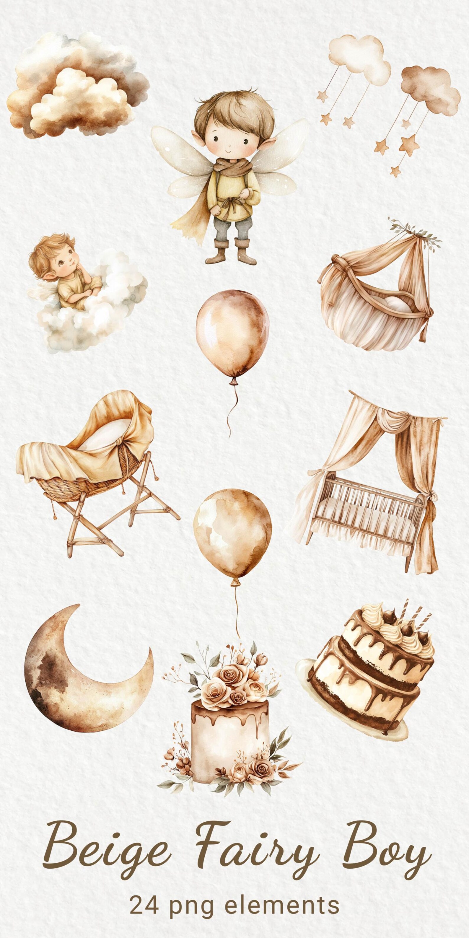 Beige & Brown Fairy Watercolor Clipart - 24 PNG Cute Fairy Decor ...