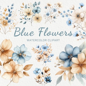 Clipart aquarelle fleurs bleues - 24 Images florales de chambre de bébé PNG, décoration de shower de bébé, Art d'invitation à une fête de bébé, téléchargement numérique instantané