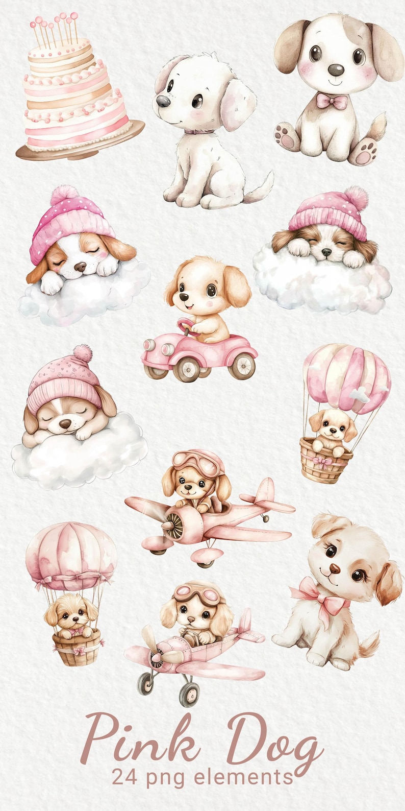 Pink Dog Nursery Watercolor Clipart - 24 PNG Cute Fairy Animals Decor ...