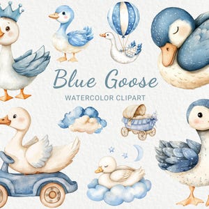 Blue Goose Nursery Watercolor Clipart - 24 PNG Ganso fofo, decoração de pássaros, chá de bebê, festa de bebê, ganso de fazenda bebê, download digital instantâneo