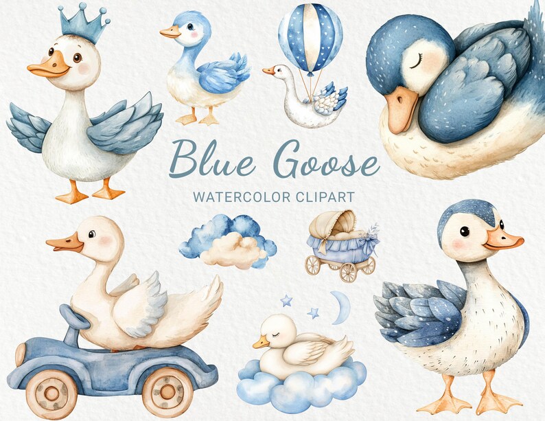Blue Goose Nursery Watercolor Clipart - 24 PNG Cute Goose, Birds Decor ...