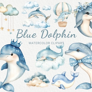 Blauer Delphin Kinderzimmer Aquarell Clipart - 24 PNG niedlicher Delphin, Tiere Dekor, Babyparty, Babyparty, Ozean, sofortiger digitaler Download