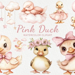 Clipart aquarelle de chambre d'enfant de canard rose - canard mignon 24 PNG, décor d'oiseaux, baby shower, fête de bébé, bébé canard de ferme, téléchargement immédiat