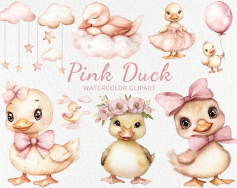 Pink Duck Nursery Watercolor Clipart - 24 PNG Cute Duck, Birds Decor, Baby Shower, Baby Party, Baby Farm Duck, Instant Digital Download