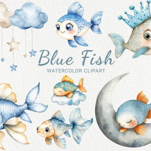 Clipart aquarelle de chambre d'enfant de poisson bleu - 24 clipart poisson mignon PNG, décor marin, baby shower bleu, fête de bébé, océanique, téléchargement numérique