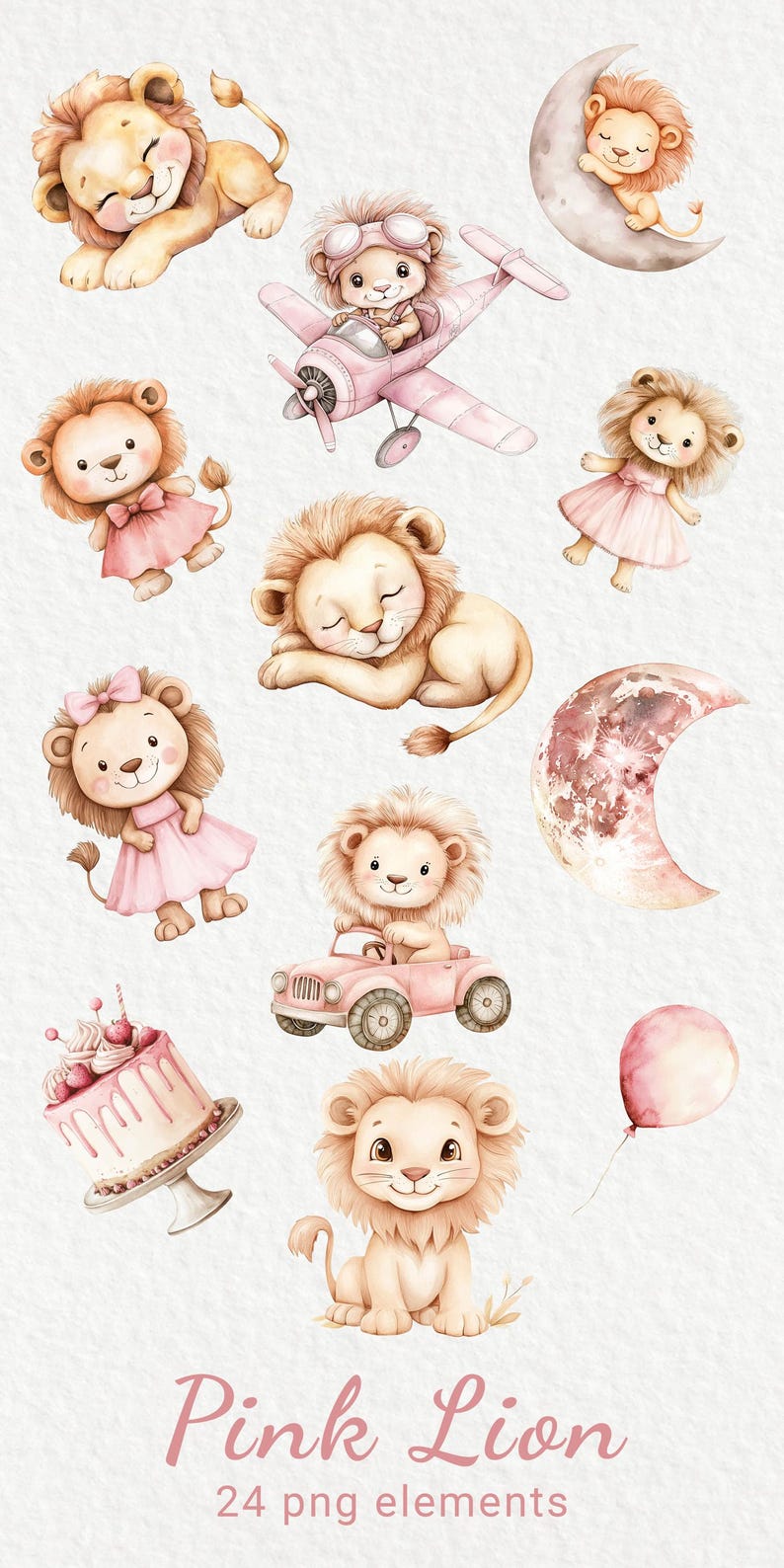 Pink Lion Nursery Watercolor Clipart - 24 PNG Safari Animals Decor ...