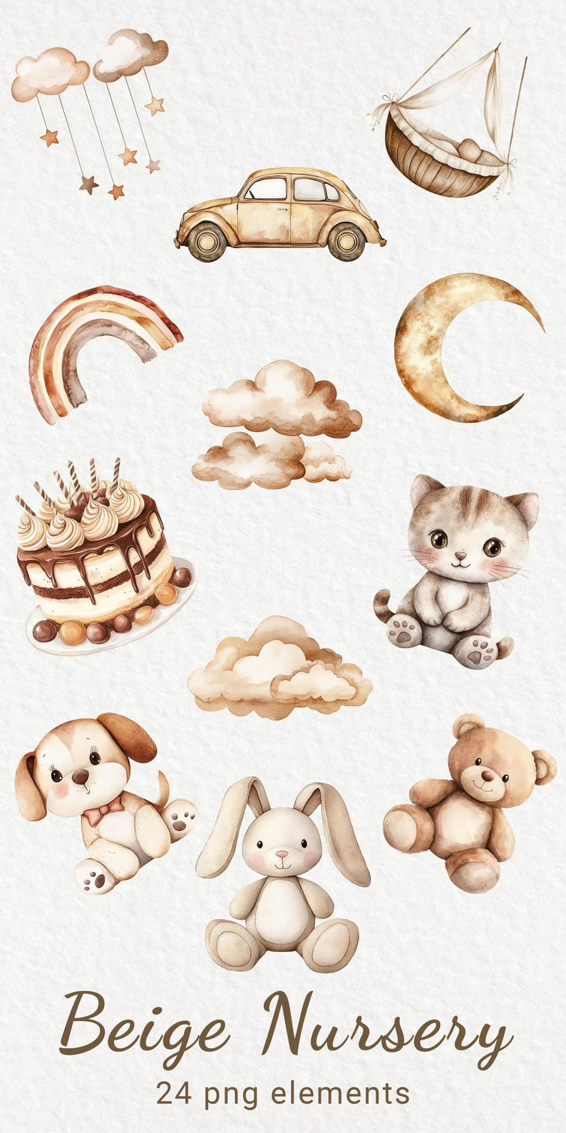 Neutral Nursery Watercolor Clipart - 24 PNG Room Decor in Beige & Brown ...