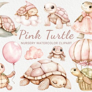 Rosa Schildkröte Kinderzimmer Aquarell Clipart - 24 PNG süße Schildkröte, Tiere Dekor, Babyparty, Babyparty, kleine Schildkröte, sofortiger digitaler Download