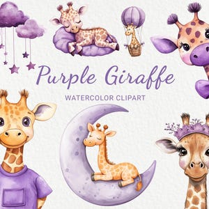 Jirafa morada acuarela - 24 PNG - Arte de pared de safari, decoración de habitación infantil, baby shower lavanda, fiesta de bebé, descarga digital