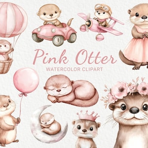 Clipart aquarelle de chambre de bébé loutre rose - 24 PNG mignon loutre, décoration animaux de la forêt, baby shower, fête de bébé, téléchargement immédiat