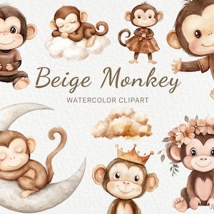 Affe Aquarell Clipart - 24 PNG Safari Tiere in Beige & Braun, niedliche Babyparty Bilder, Kinderzimmer Dekor, sofortiger digitaler Download