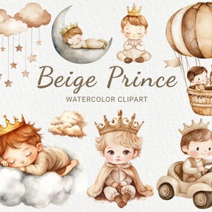 Clipart de acuarela de Príncipe - 24 PNG Decoración de Pequeño Rey Beige y Marrón, Guardería, Baby Shower, Fiesta de Bebé, Hada Niño, Descarga Digital