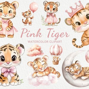 Tiger Pink Kinderzimmer Aquarell Clipart - 24 PNG Safari Tiere Dekor, Babyparty, Baby Party, kleiner Tiger, DIY, Sofortiger digitaler Download