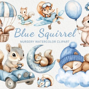 Blauwe eekhoorn aquarel clipart - 24 png kwekerij schattige fee dieren decor, babyshower, babyfeestje, bos, instant digitale download