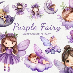 Clipart de acuarela de hada morada - 24 PNG lindas decoraciones de hadas, guardería, baby shower de lavanda, fiesta de bebé, pequeña hada, descarga digital
