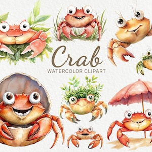 Clipart de aquarela de caranguejo - 24 PNG Clip art fofo de caranguejo, decoração com tema marinho e oceânico, scrapbooking, diário de lixo, download digital instantâneo