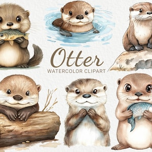 Imágenes prediseñadas de nutria: 24 imágenes prediseñadas de nutria bebé en acuarela PNG, nutria divertida, animales del bosque, baby shower, decoración de guardería, descarga digital instantánea