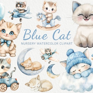 Clipart de acuarela de gato azul - 24 PNG de animales de hadas lindos para decoración, baby shower, fiesta de bebé, guardería de gatitos, descarga digital instantánea
