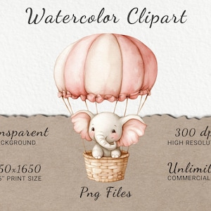 Pink Elephant Nursery Watercolor Clipart - 24 PNG Safari Animals Kids ...