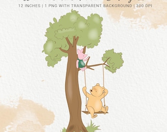 Winnie the Pooh and Piglet sitting on a tree swing, Baby Shower Clipart, Nursery PNG Clipart, Birthday Decor, Baby Party, Digital Download