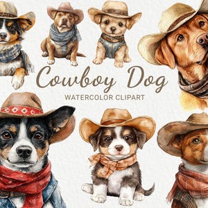 Cowboy Hund Clipart - 24 PNG Aquarell Welpen in Cowboy-Hut Clip Art, süßer Hund in Boot, Baby Hund Clip Art, sofortiger digitaler Download
