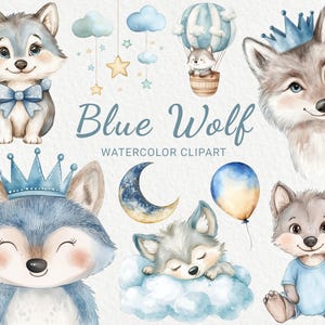 Clipart de acuarela de guardería de lobo azul - 24 PNG Decoración de animales del bosque, Baby Shower, Fiesta de bebé, Lobo pequeño lindo, Descarga digital instantánea