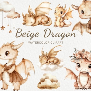 Drachen Kinderzimmer Aquarell Clipart - 24 PNG Niedliches Сreature Dekor in Beige & Braun, Babyparty, Babyparty, kleiner Draco, digitaler Download