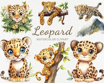 Leopard Clipart - 24 PNG Aquarell Safari Tiere Clip Art, Digitaldrucke, niedliche Babyparty Bilder, Kinderzimmer, sofortiger digitaler Download