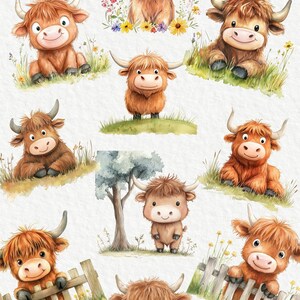 May include: A set of 24 digital illustrations of cute Highland cows in various poses. The cows are depicted in watercolor style with brown fur, big eyes, and friendly expressions. Some cows are wearing flower crowns, while others are standing in fields of flowers. The illustrations are perfect for creating digital designs, scrapbooking, or adding a touch of whimsy to any project.