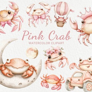 Rosa Krabbe Kinderzimmer Aquarell Clipart - 24 PNG Niedliche Krabbe, Rose Nautisches Dekor, Babyparty, Babyparty, kleine Krabbe, sofortiger digitaler Download
