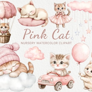 Clipart acquerello per vivaio di gatti rosa - 24 PNG Animali fata carini Decor, Baby Shower, Baby Party, Piccolo gattino, Download digitale istantaneo
