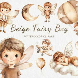 Clipart de acuarela de hadas beige y marrón - 24 PNG lindas decoraciones de hadas, guardería, baby shower, fiesta de bebé, niño hada pequeño, descarga digital