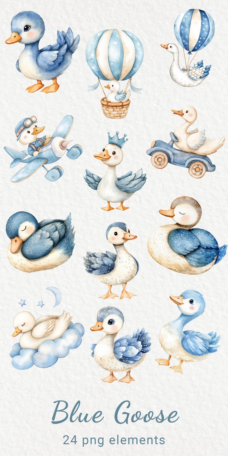 Blue Goose Nursery Watercolor Clipart - 24 PNG Cute Goose, Birds Decor ...
