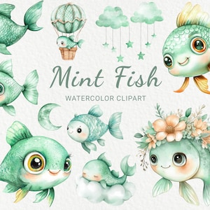 Clipart aquarelle de chambre d'enfant à la menthe - 24 PNG mignon poisson vert clipart, décoration marine, baby shower, fête océanique bricolage, téléchargement numérique
