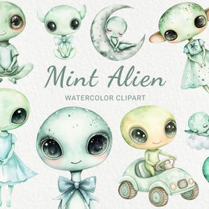 Green Alien Watercolor Clipart - 24 PNG Cute Alien In Mint Color, Nursery Space Decor, Baby Shower, Baby Party, Instant Digital Download