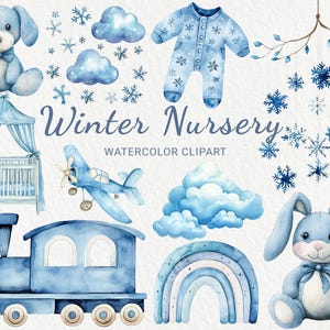 Blauwe winter kinderkamer aquarel clipart - 24 png schattige babykamer decor, blauwe pasgeboren illustratie, baby boy party, instant digitale download