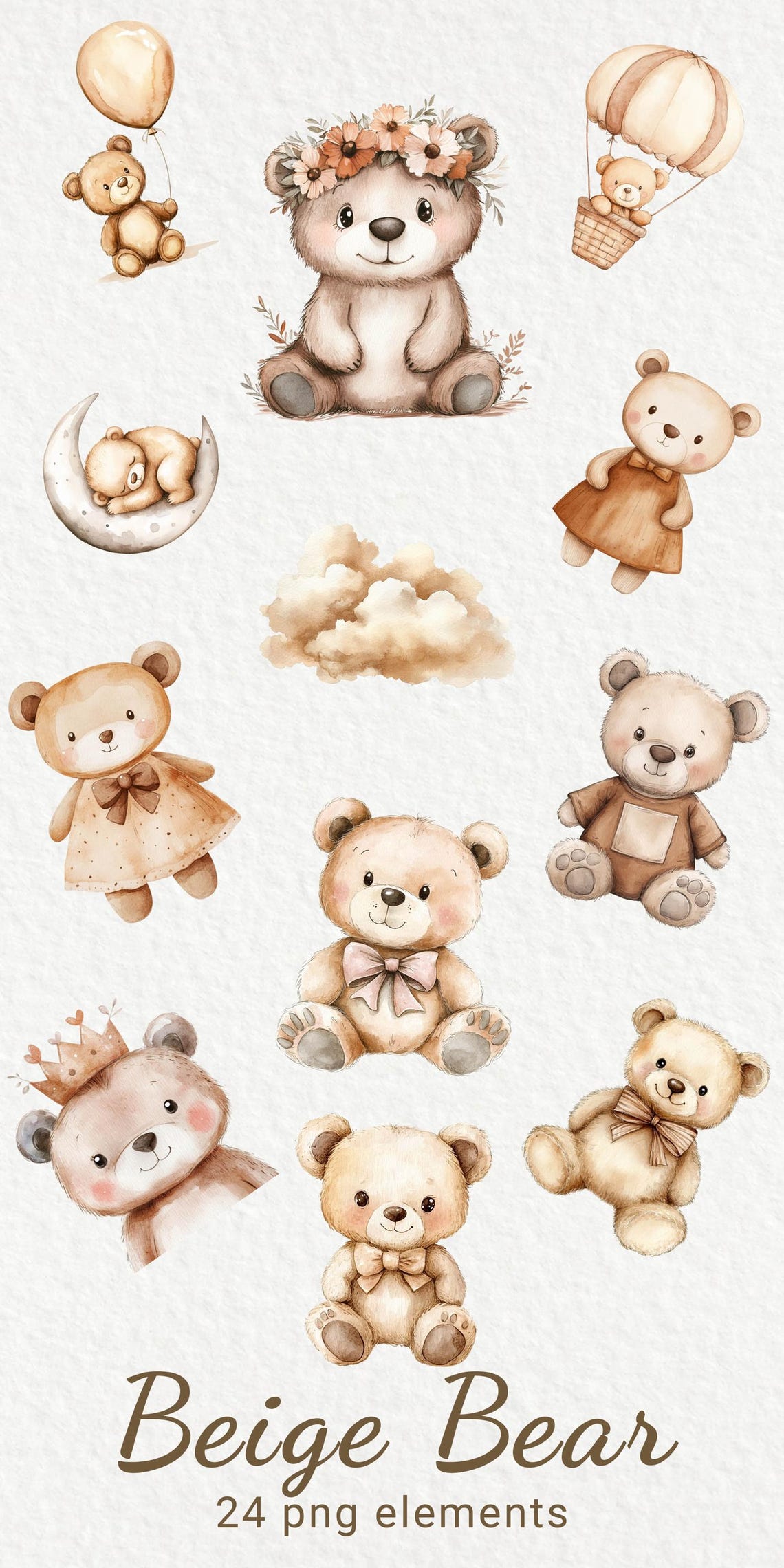 Bear Nursery Watercolor Clipart - 24 PNG Cute Animals in Beige & Brown ...