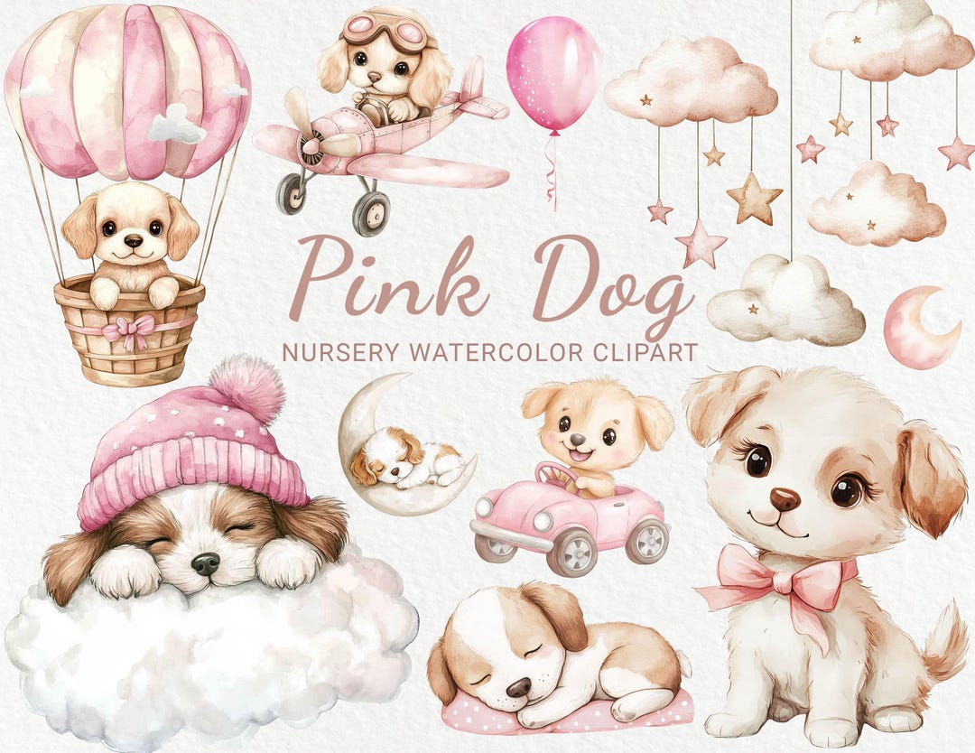 Pink Dog Nursery Watercolor Clipart - 24 PNG Cute Fairy Animals Decor ...