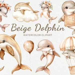 Clipart aquarelle de chambre d'enfant - 24 PNG dauphins mignons en beige et marron, décor marin, baby shower, fête de bébé, océanique, téléchargement numérique