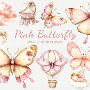 Clipart de acuarela de mariposa rosa para guardería - 24 PNG de mariposas bebé kawaii, decoración de rosas, baby shower, fiesta de bebé, descarga digital instantánea