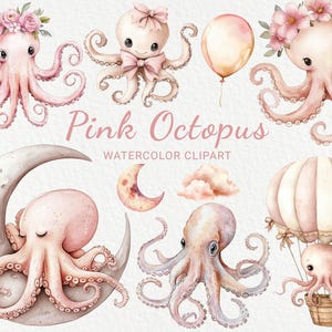 Rosa Krake Kinderzimmer Aquarell Clipart - 24 PNG Clip Art niedlichen Marine Decor, Baby-Dusche, Baby-Party, Ozeanisch, sofortiger digitaler Download