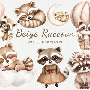 Clipart aquarelle de chambre d'enfant raton laveur - 24 PNG mignon raton laveur en beige et marron, décoration animaux de la forêt, baby shower, fête de bébé, téléchargement numérique