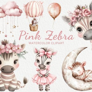 Clipart de acuarela de cebra rosa para guardería - 24 PNG Decoración de animales de safari, Baby Shower, Fiesta de bebé, Cebra pequeña, Bricolaje, Descarga digital instantánea