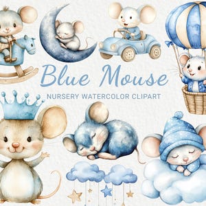 Clipart de acuarela de ratón azul - 24 PNG de animales de hadas lindos para decoración, baby shower, fiesta de bebé, ratoncito de guardería, descarga digital instantánea