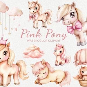 Rose Pony Kinderzimmer Aquarell Clipart - 24 PNG süße Fee rosa Pony, Geburtstag Grafiken, Babyparty, lustige Baby Party, digitaler Download