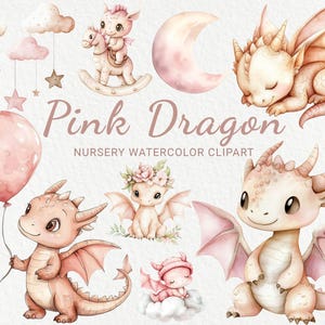 Rosa Drache Kinderzimmer Aquarell Clipart - 24 PNG Süße Fee Dekor, Babyparty, Babyparty, kleiner Draco, sofortiger digitaler Download