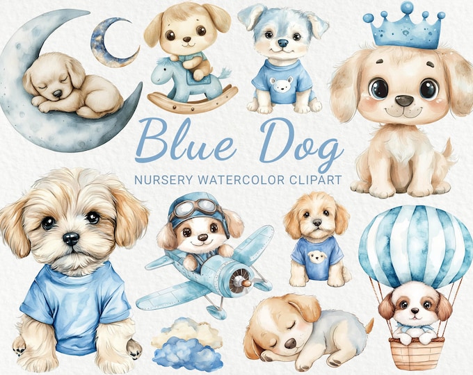 Blue Dog Watercolor Clipart - 24 PNG Cute Fairy Animals Decor, Nursery ...
