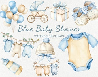 Blue Baby Shower Watercolor Clipart - 24 PNG Cute Baby Room Decor, Baby Party, Newborn illustration, balloons, gifts, children's clothing